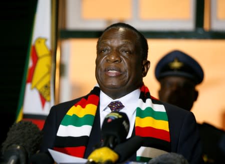 Zimbabwean President Emmerson Mnangagwa addresses the media after the death of former President Robert Mugabe at State House in Harare