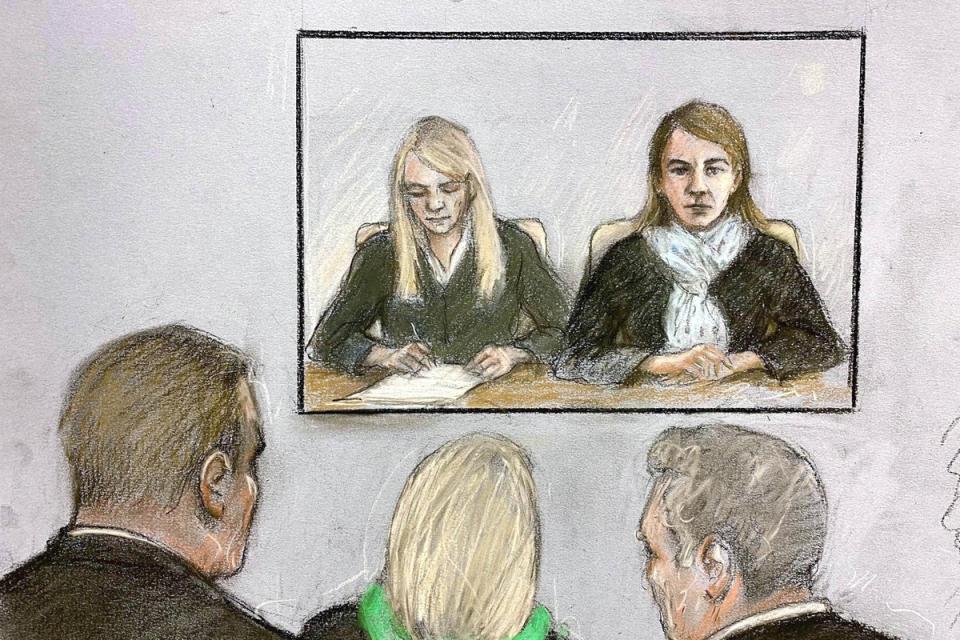 Court sketch of US citizen Anne Sacoolas, 45, (right in TV screen) at an earlier hearing. (Elizabeth Cook/PA) (PA Wire)