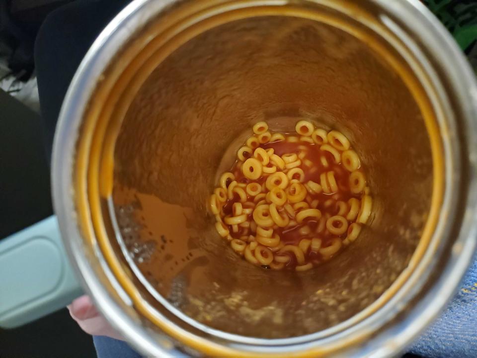 A Stanley cup filled with SpaghettiOs.