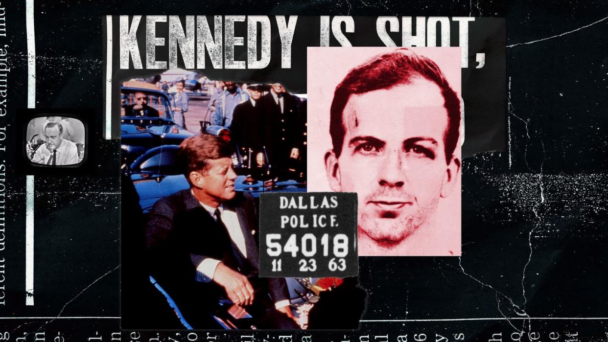walter cronkite on news, kennedy is shot newspaper clipping, president john f kennedy in motorcade into city from airport, lee harvey oswald mugshot