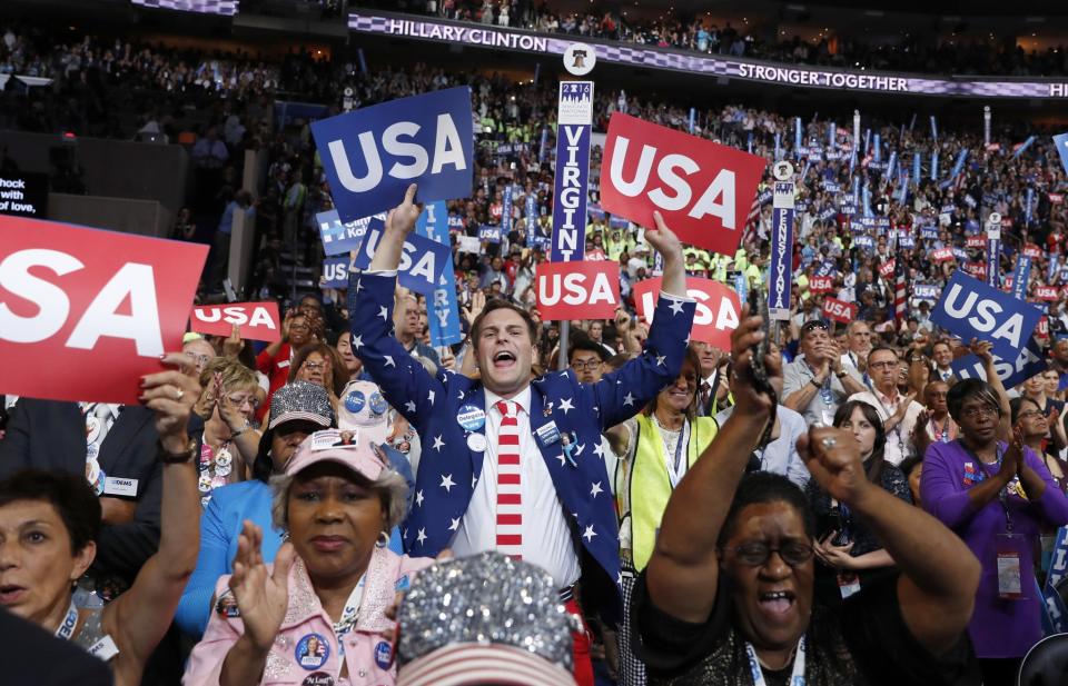 Delegates celebrate during the final day of the Democratic National Convention in Philadelphia, Thursday, July 28, 2016. (Photo: Carolyn Kaster/AP)