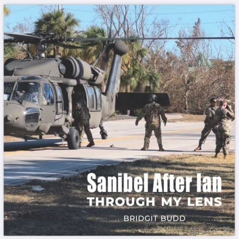 The cover of Bridgit Budd's new coffee table book features what very few people saw: troops descending on Sanibel after Hurricane Ian. Budd could document the moment because she rode out the storm in her island treehouse, capturing its aftermath and ongoing recovery.