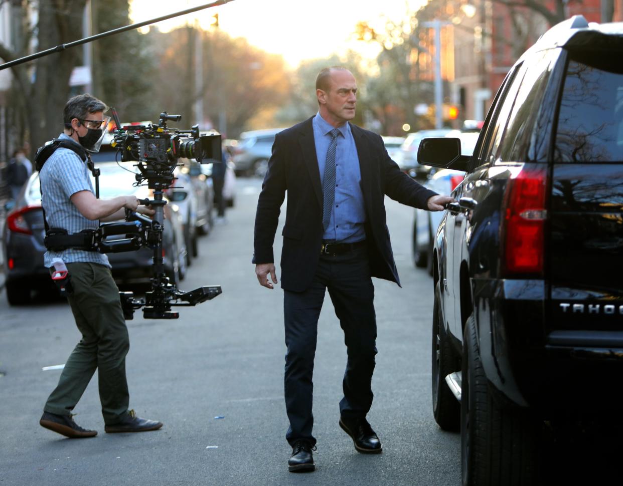 Christopher Meloni is seen back in his role as NYPD Detective Elliot Stabler on the set of "Law and Order: Organized Crime" on April 6, 2021, in New York City.