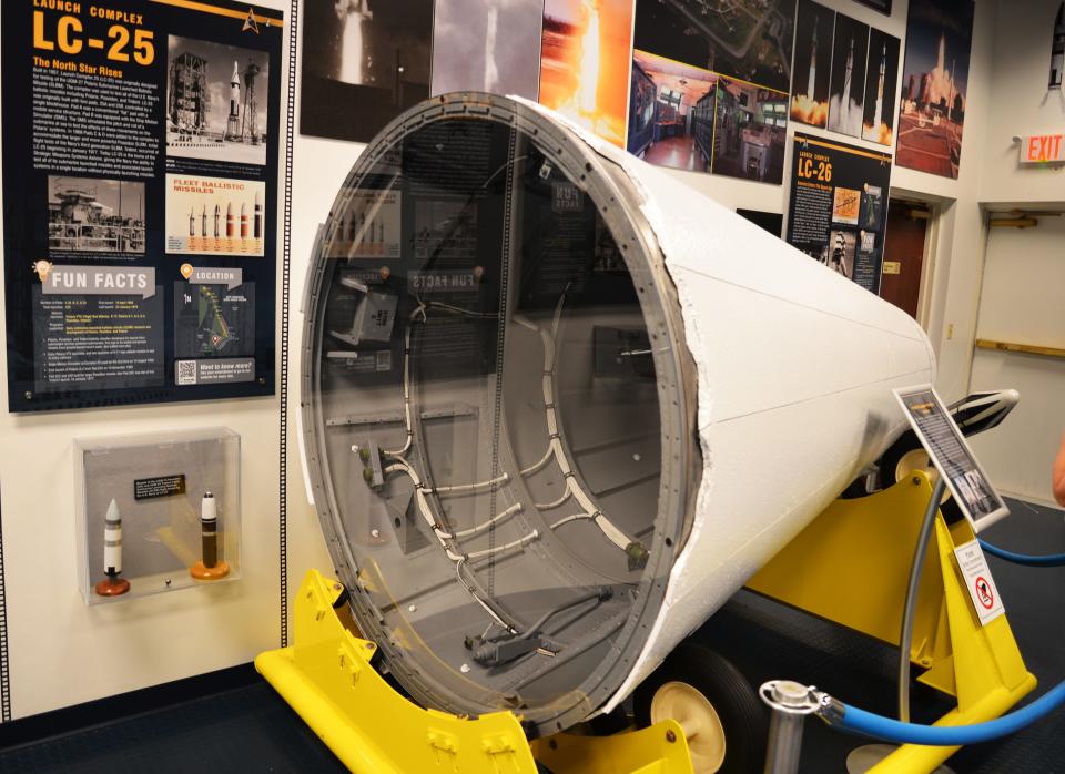 This Jupiter missile nose cone was recovered from the Atlantic Ocean about 1,500 nautical miles downrange from launch. Brevard Community College donated the nose cone, which was restored and is now displayed at the Sands Space History Center.