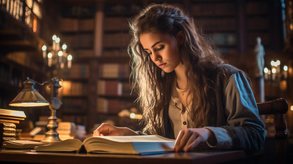 A student conducting a self-taught higher education examination in a library.