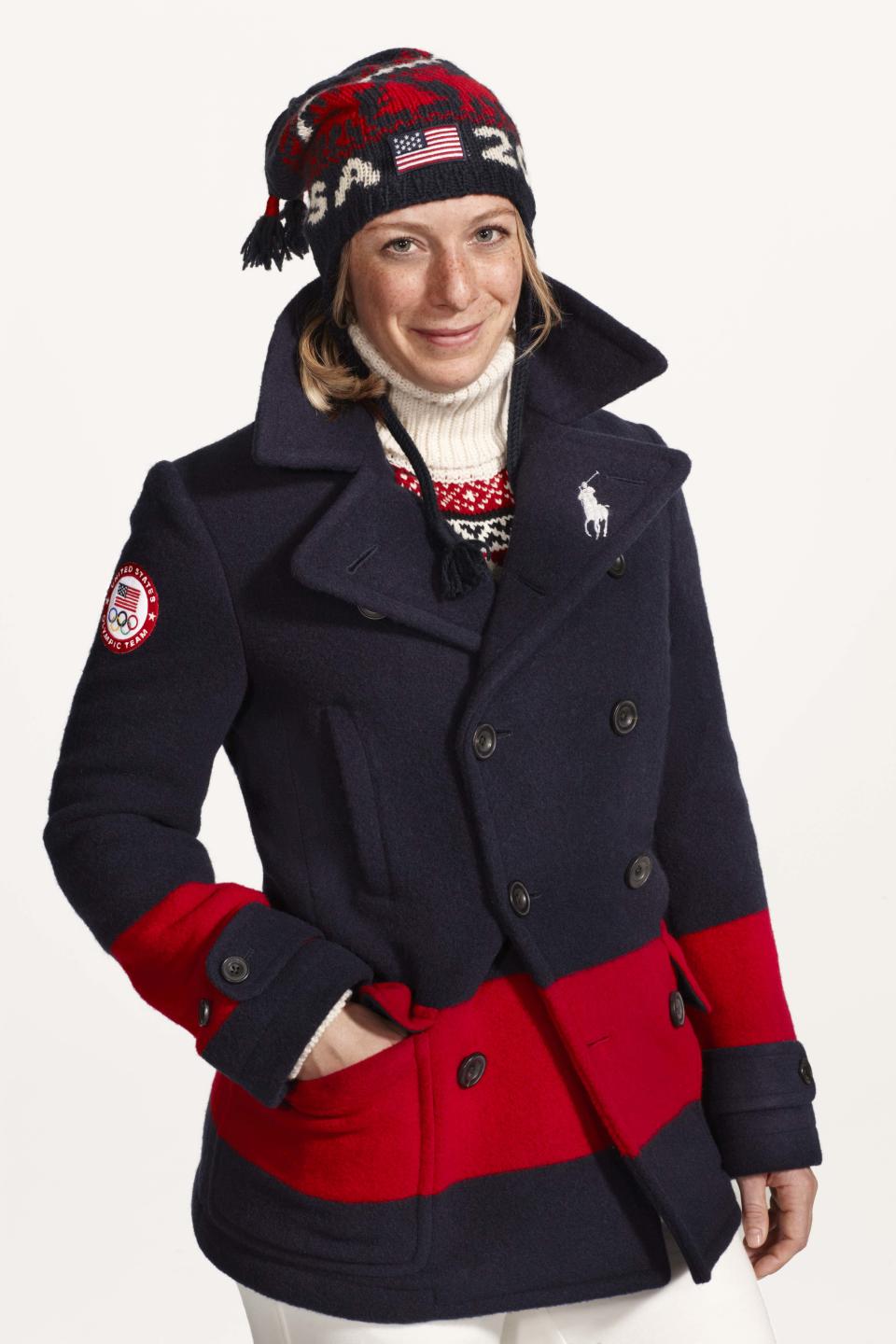 This undated product image provided by Ralph Lauren shows U.S. Olympic skier Hannah Kearney wearing fashion by designer Ralph Lauren for the 2014 Winter Olympics. Every article of clothing made by Ralph Lauren for the U.S. Olympic athletes in Sochi has been made by domestic craftsman and manufacturers. (AP Photo/Ralph Lauren)