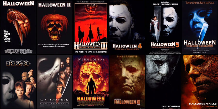 Posters for the 12 films of the Halloween franchise. 