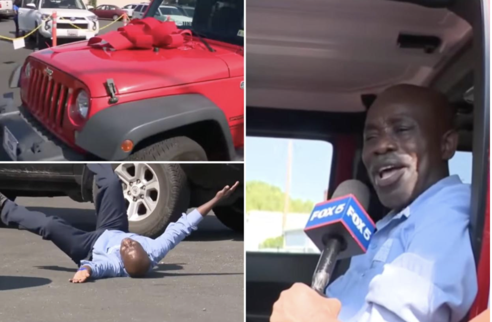 James Madison High School janitor Francis Apraku sits in his new Jeep Wrangler that some of his students bought for him. Fox 11 Los Angeles/YouTube. (Courtesy: New York Post)