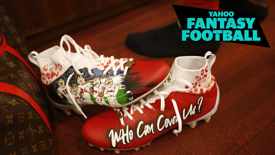 Deebo Samuel's of the San Francisco 49ers shoes in the locker room prior to the game.