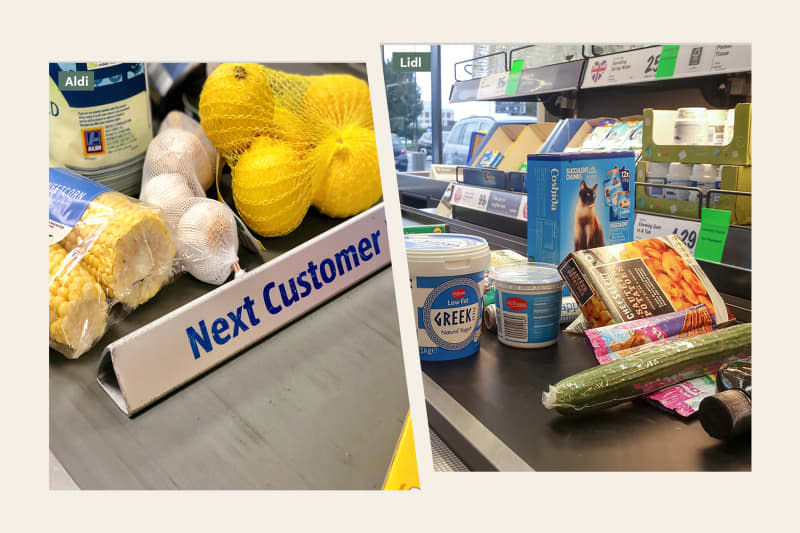 Left: Groceries on the checkout conveyor belt at Aldi supermarket in London, UK.

Right: Interior of Lidl Supermarket checkout showing food on conveyor belt waiting to be paid for