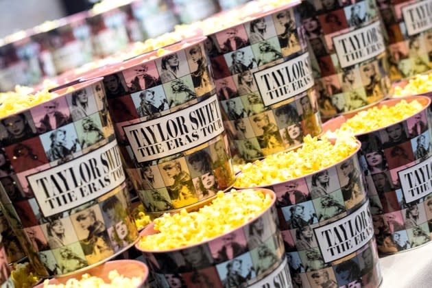 Popcorn buckets for "Taylor Swift: The Eras Tour" concert movie. - Credit: VALERIE MACON/AFP/Getty Image