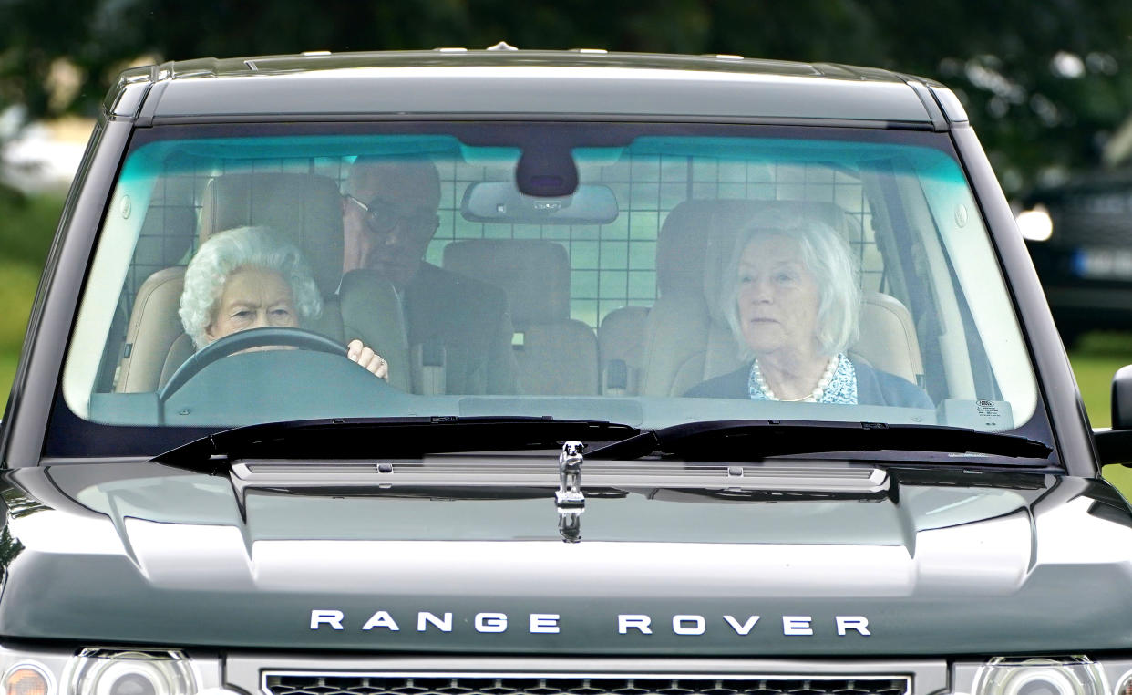 Queen Elizabeth II drives a Range Rover at the Royal Windsor Horse Show, Windsor. Picture date: Friday July 2, 2021. (Photo by Steve Parsons/PA Images via Getty Images)