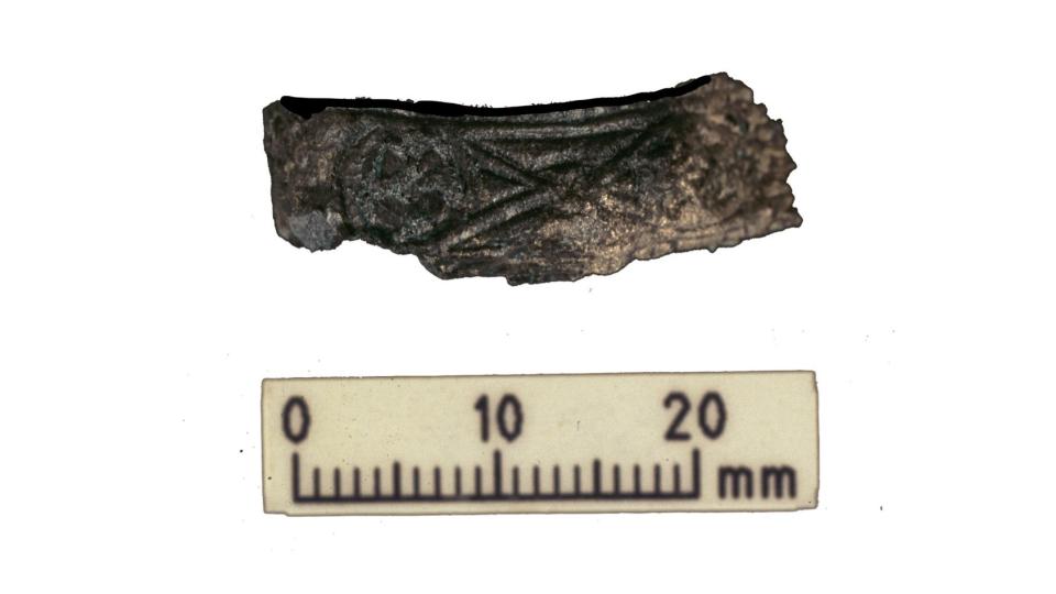 A decorated hilt guard from the Viking warrior's sword. The sword was found in the same grave as the human and animal remains analyzed during the latest research.