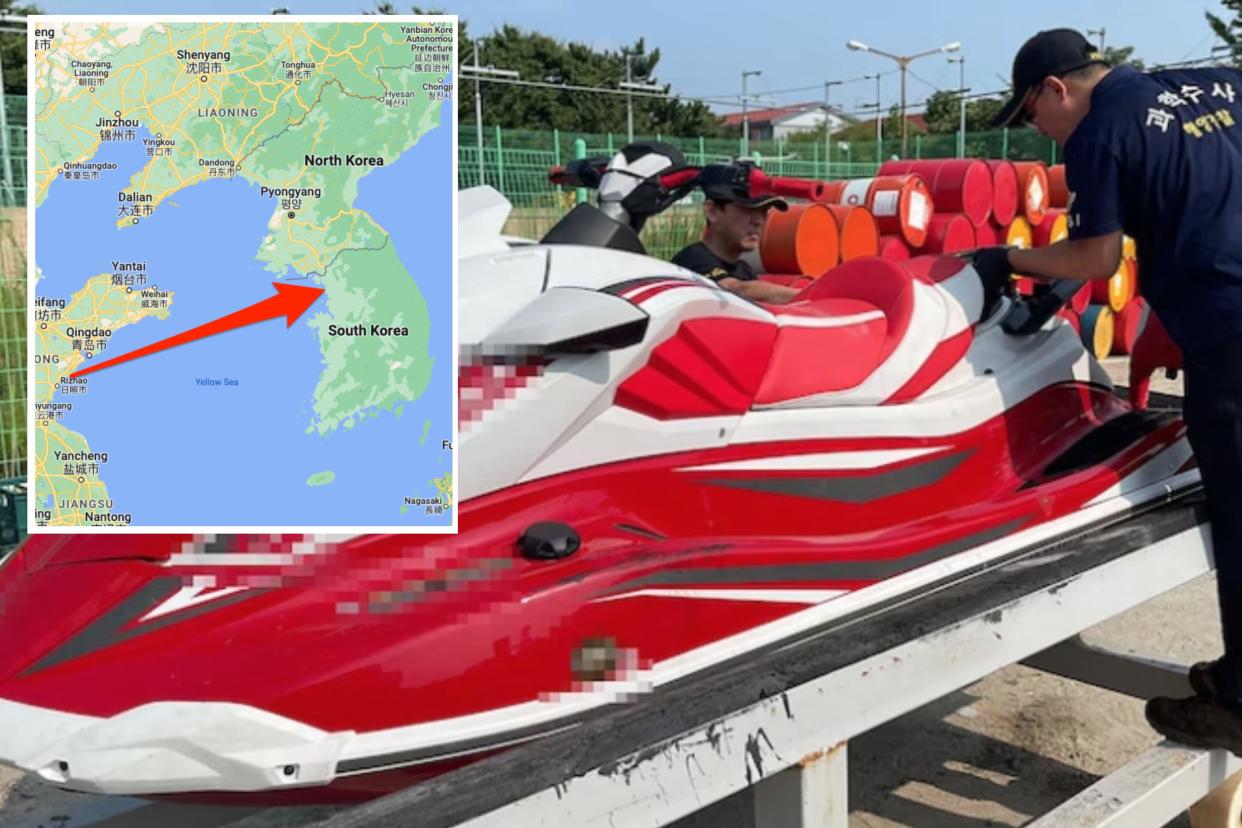 A photo of the jet ski with a map showing the approximate journey from China to Incheon, South Korea.