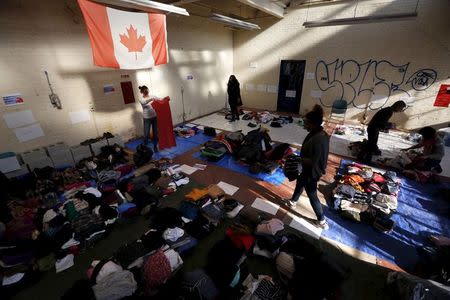 Clothing donated for an expected influx of Syrian refugees is sorted by volunteers for size and gender at a theatre rehearsal space in Toronto November 24, 2015. REUTERS/Chris Helgren