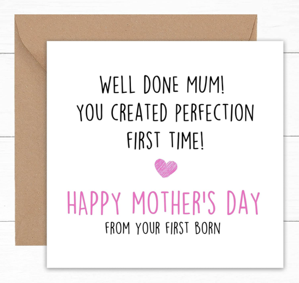 First Born Mother's Day Card on white card with brown envelope (Photo via Amazon)