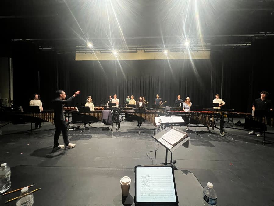 Dripping Springs percussion ensemble rehearses with composer and UT professor Ivan Trevino. (Viewer-submitted photo)
