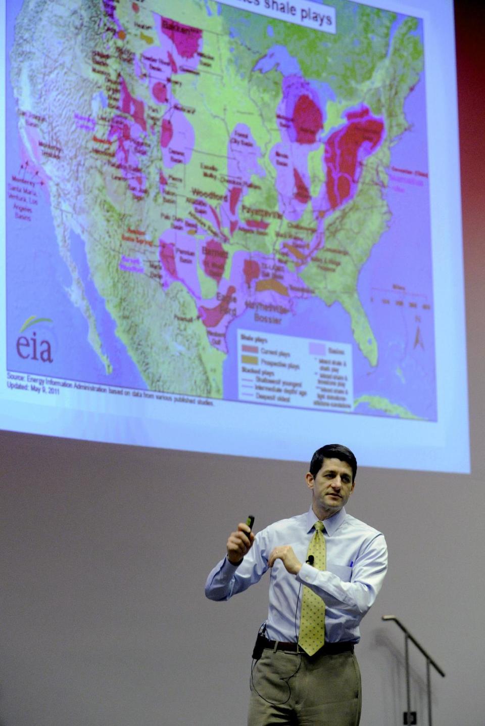 In this March 20, 2014 photo Republican Rep. Paul Ryan answers constituents questions during a listening session at the Snap-on Headquarters in Kenosha, Wis. Behind him is a map of the area in the continental U.S. showing current and prospective areas where shale gas does, or could in the future, play a role. (AP Photo/Kenosha News, Kevin Poirier)