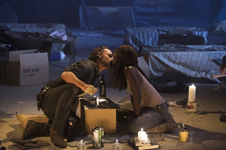 Andrew Lincoln as Rick Grimes and Danai Gurira as Michonne in AMC's The Walking Dead . (Photo Credit: Gene Page/AMC)