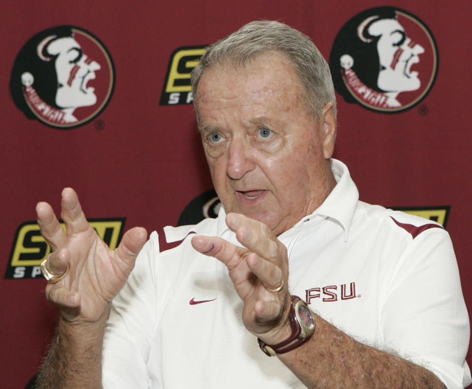 FILE - In this Aug. 9, 2009, file photo, Florida State head coach Bobby Bowden answers questions during media day on in Tallahassee, Fla. On Sunday, March 2, 2014, Auburn coach Gus Malzahn received the Bowden Award named after the ex-Seminoles coach, who coached them to the national title in 1993. (AP Photo/Steve Cannon, File)