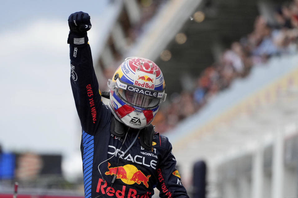 Red Bull Racing driver Max Verstappen, of the Netherlands, celebrates after winning the Formula 1 Canadian Grand Prix auto race in Montreal, Sunday, June 9, 2024. (Christinne Muschi/The Canadian Press via AP)