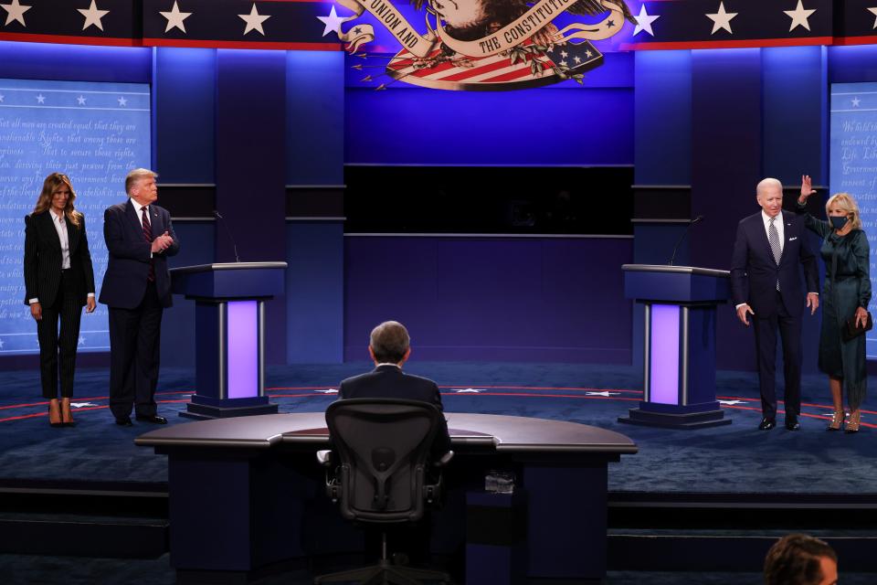 President Donald Trump, First Lady Melania Trump, Democratic presidential nominee Joe Biden, and Biden's wife, Jill Biden after the first 2020 campaign debate at Case Western Reserve University in Cleveland, Ohio, on September 29, 2020.