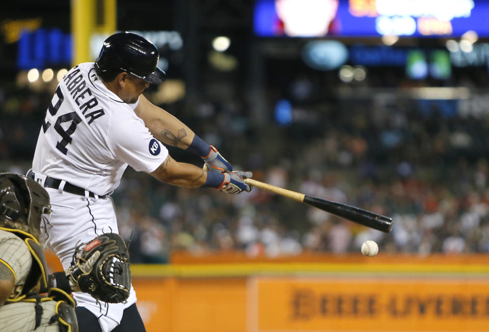 Detroit Tigers' Miguel Cabrera hits a double against the San Diego Padres during the seventh inning of a baseball game Tuesday, July 26, 2022, in Detroit. (AP Photo/Duane Burleson)