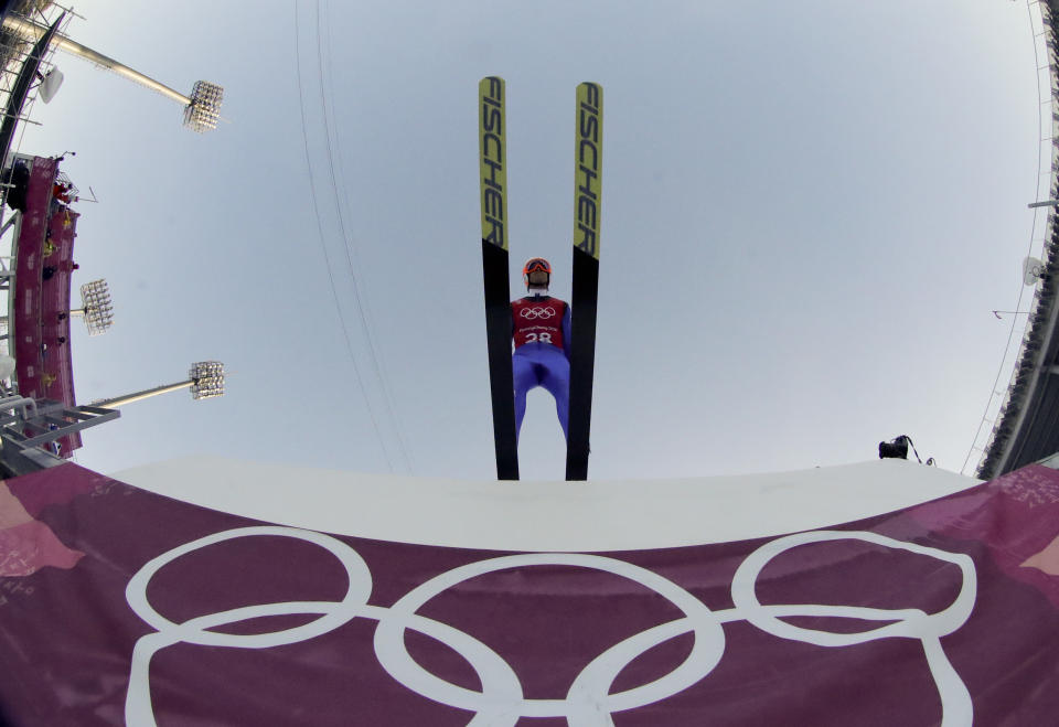 <p>Tim Hug, of Switzerland, takes off during a training jump for the men’s Nordic Combined competition at the 2018 Winter Olympics in Pyeongchang, South Korea, Monday, Feb. 12, 2018. (AP Photo/Dmitri Lovetsky) </p>