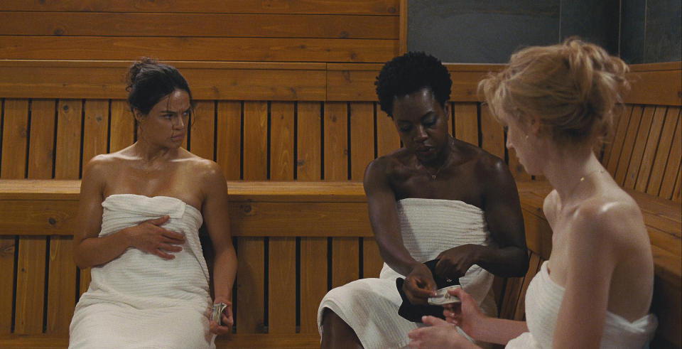 Michelle Rodriguez, Viola Davis and Elizabeth Debicki in <em>Widows.</em> (Photo: 20th Century Fox)