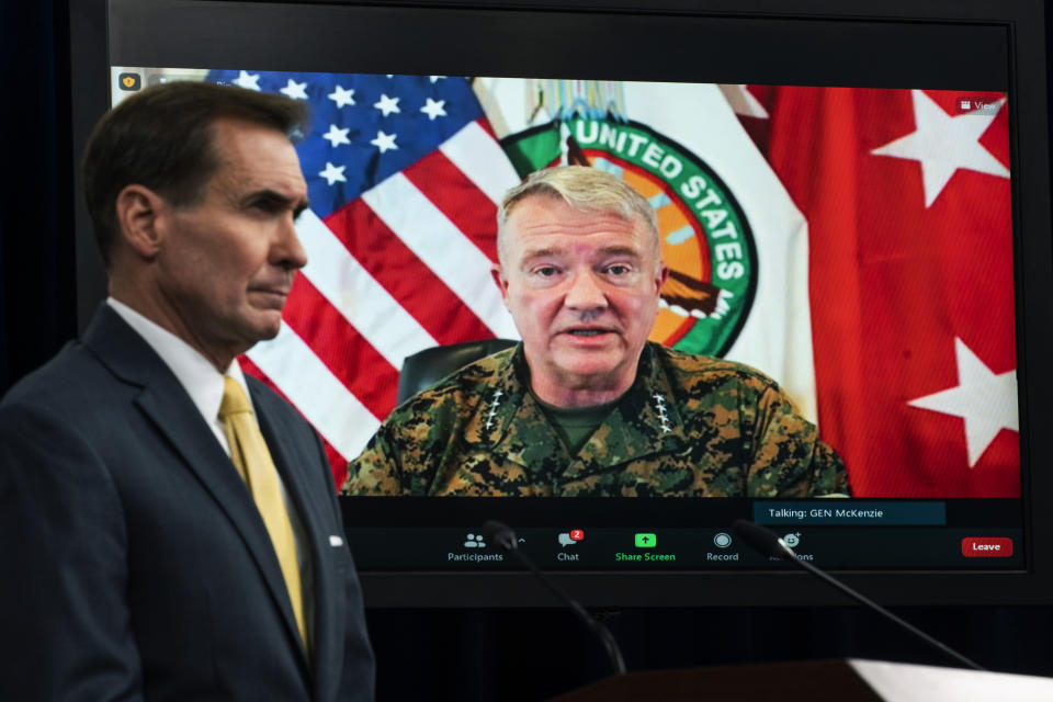 FILE - In this Aug. 30, 2021, file photo Gen. Frank McKenzie, Commander of U.S. Central Command, appears on screen as he speaks from MacDill Air Force Base, in Tampa, Fla., as he speaks about Afghanistan during a virtual briefing moderated by Pentagon spokesman John Kirby at the Pentagon in Washington. The Pentagon retreated from its defense of a drone strike that killed multiple civilians in Afghanistan last month, announcing Friday, Sept. 17, that an internal review revealed that only civilians were killed in the attack, not an Islamic State extremist as first believed. (AP Photo/Manuel Balce Ceneta, File)