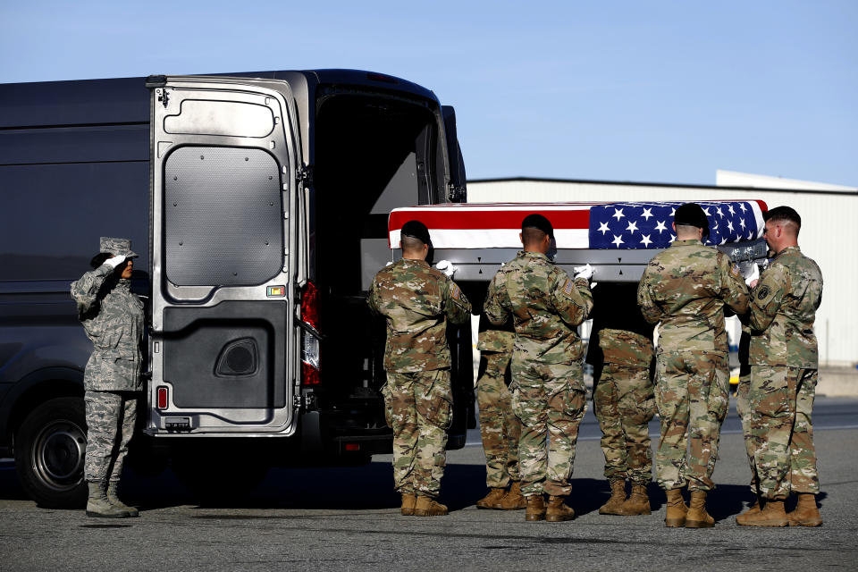 A U.S. Army carry team places a transfer case containing the remains of Spc. Joseph P. Collette into a vehicle, Sunday, March 24, 2019, at Dover Air Force Base, Del. According to the Department of Defense, Collette, of Lancaster, Ohio, was killed March 22 while involved in combat operations in Kunduz Province, Afghanistan. (AP Photo/Patrick Semansky)