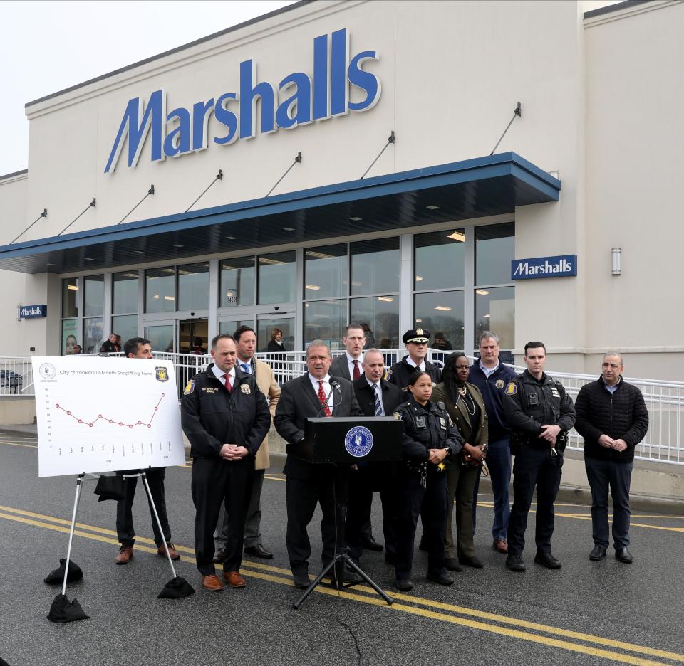 Yonkers Mayor Mike Spano delivers remarks during a city of Yonkers Anti-Shoplifting Law Enforcement Initiative briefing, at the Gateway Center in Yonkers, March 2, 2023. 