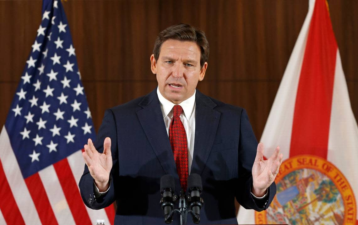 Florida Governor Ron DeSantis speaks during a press conference proposing anti-crime legislation at the Miami Police Benevolent in Miami on Thursday, January 26, 2023.