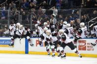 Dec 14, 2018; New York, NY, USA; Arizona Coyotes bench celebrates after winning in overtime against the New York Rangers at Madison Square Garden. Mandatory Credit: Catalina Fragoso-USA TODAY Sports