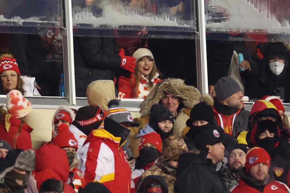 Taylor Swift attends the January 12 matchup between the Chiefs and Dolphins in Kansas City at Arrowhead Stadium.