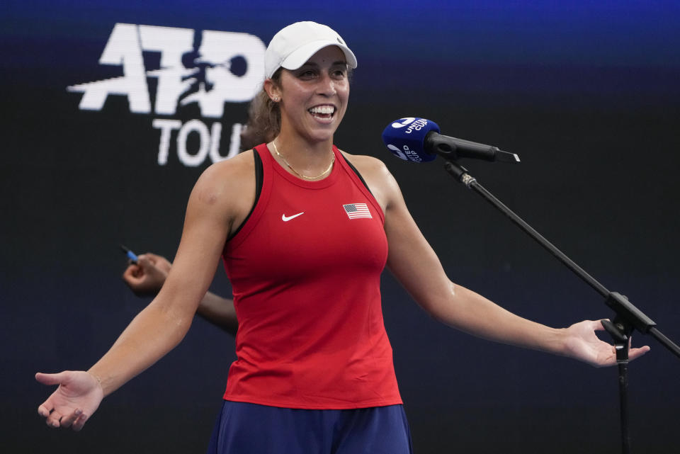 United States' Madison Keys gestures during an on court interview following her win over Marie Bouzkova of the Czech Republic in their Group C match at the United Cup tennis event in Sydney, Australia, Thursday, Dec. 29, 2022. (AP Photo/Mark Baker)