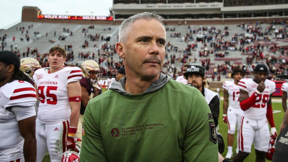 Florida State head coach Mike Norvell walks off the field after a 49-17 win against Louisiana on Nov. 19.