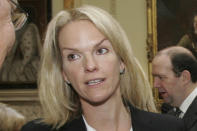 FILE - Media industry entrepreneur and a daughter of Rupert Murdoch, Elizabeth Murdoch, takes part in a breakfast meeting about "Digital Britain," at Downing Street in London, Thursday, Jan. 29, 2009. (AP Photo/Alastair Grant, Pool, File)