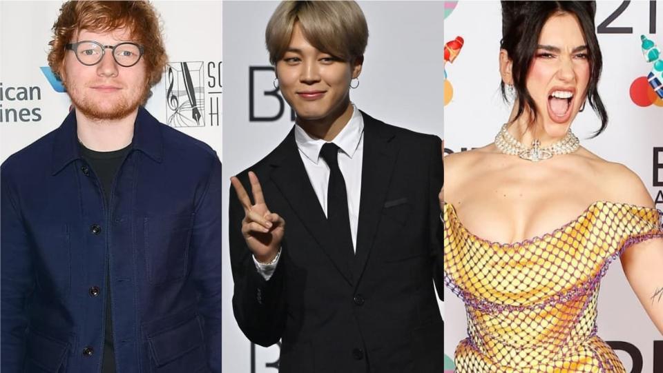 Ed Sheeran, Jimin de BTS et Dua Lipa - Angela Weiss - AFP / Jung Yeon-Je - AFP / John Marshall - AFP