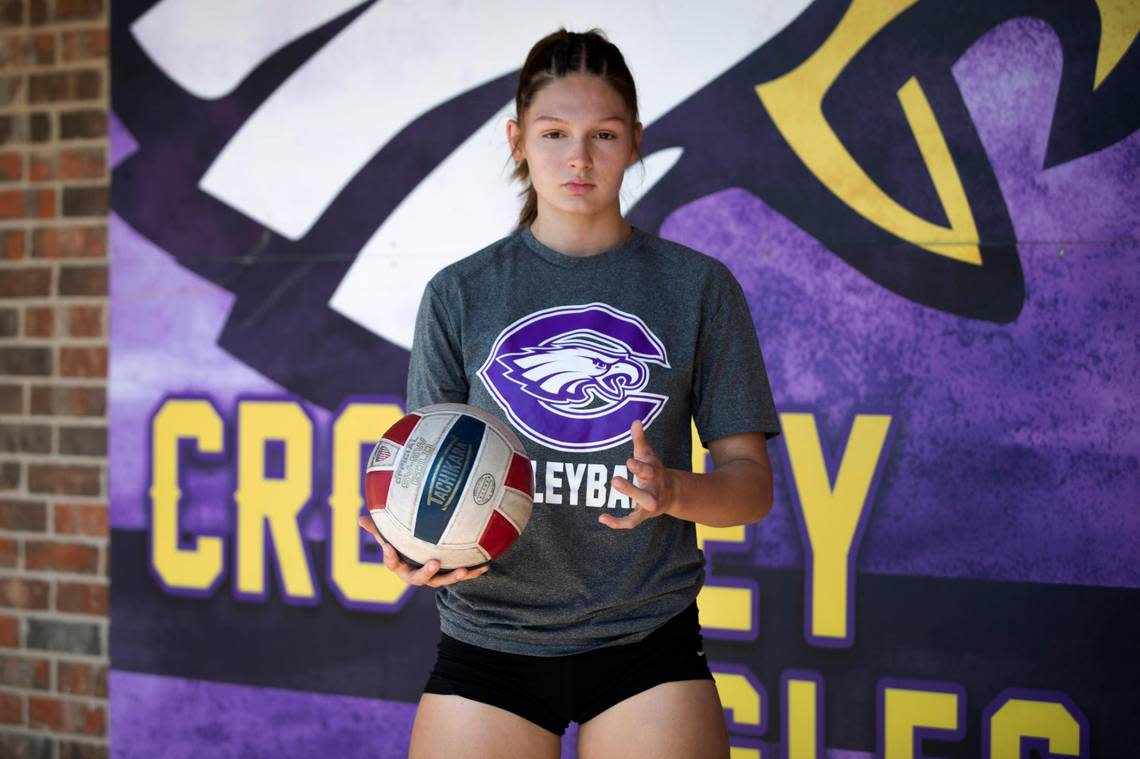 Crowley High School senior setter Jaden Polovina outside of the school’s gym before practice on Wednesday, Sept. 7, 2022, in Crowley, Texas. Polovina is committed to McPhereson College in Kansas to play volleyball after graduation.