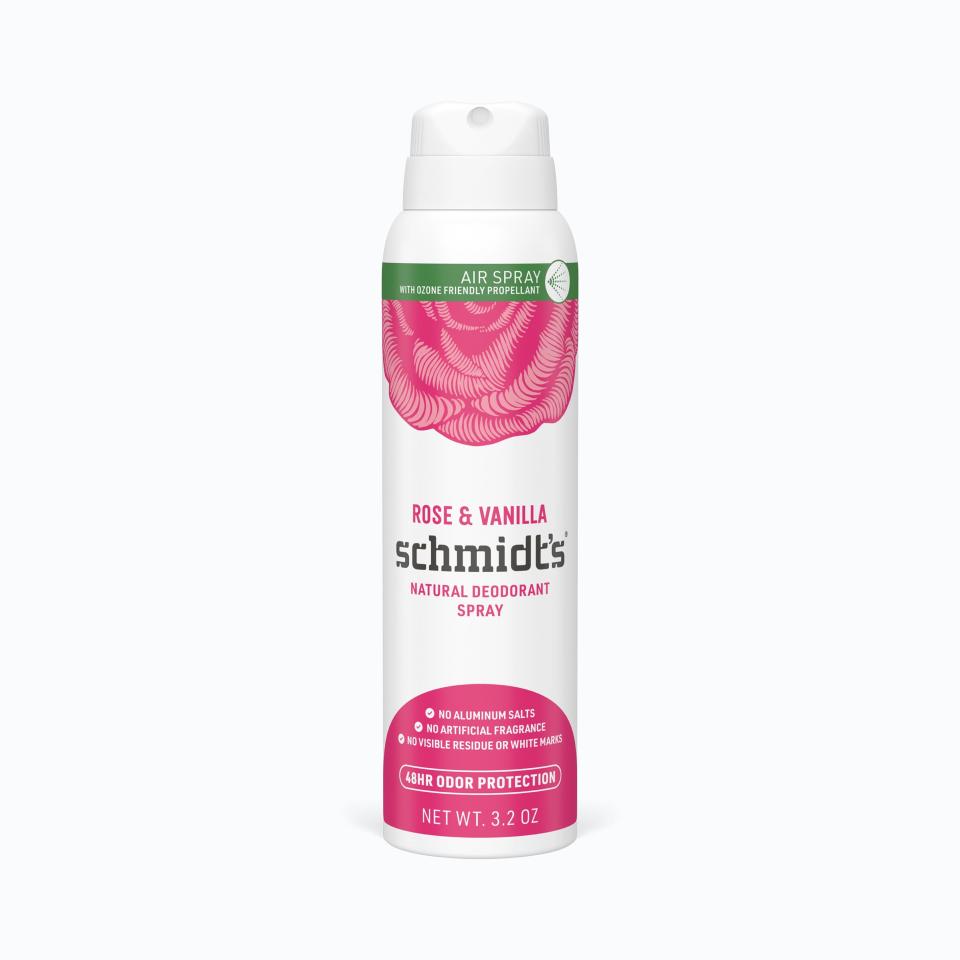 <p><strong>Schmidt's</strong></p><p>schmidts.com</p><p><strong>$11.49</strong></p><p><a href="https://shop.schmidts.com/products/rose-vanilla-natural-deodorant-spray" rel="nofollow noopener" target="_blank" data-ylk="slk:Shop Now;elm:context_link;itc:0;sec:content-canvas" class="link ">Shop Now</a></p><p>For on-the-go odor fighting, this natural deodorant spray newly released by Schmidt's <strong>goes on nicely and dries in a snap</strong>. Our Associate Product & Reviews Editor <a href="https://www.goodhousekeeping.com/author/230358/Jacqueline-Saguin/" rel="nofollow noopener" target="_blank" data-ylk="slk:Jacqueline Saguin;elm:context_link;itc:0;sec:content-canvas" class="link ">Jacqueline Saguin</a> wore it on her morning walk and found it didn't transfer onto her clothes. She also loved its long-lasting sweet, but subtle scent. "As someone who has sensitive skin, usually I can never get anything with fragrance, but this doesn't irritate at all," says Saguin. We also love this brand's <a href="https://www.amazon.com/dp/B074F8M3GV?tag=syn-yahoo-20&ascsubtag=%5Bartid%7C10055.g.790%5Bsrc%7Cyahoo-us" rel="nofollow noopener" target="_blank" data-ylk="slk:stick formula;elm:context_link;itc:0;sec:content-canvas" class="link ">stick formula</a>, which helps absorb wetness.</p>