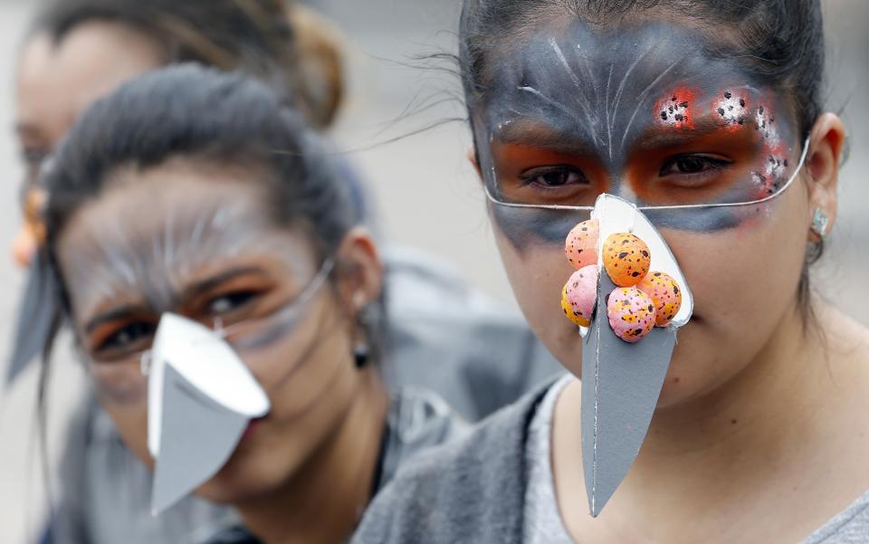 Actors dressed as pigeons perform at Bolivar Square in Bogota, Colombia, Tuesday, Oct. 2, 2018. They urged pedestrians not to feed the large flocks of pigeons that descend each day as part of the city government's fight to control pigeon overpopulation through educational campaigns that urge people not to feed them. (AP Photo/Fernando Vergara)