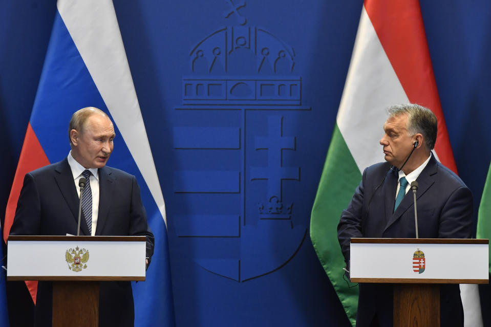 FILE - Hungarian Prime Minister Viktor Orban, right, and Russian President Vladimir Putin hold a joint press conference following their talks in Budapest, Hungary, Wednesday, Oct. 30, 2019. After Russia launched its war against Ukraine in Feb. 2022, Sweden and Finland dropped their longstanding military neutrality and quickly signaled their intentions to join the NATO military alliance. While Turkish President Recep Tayyip Erdogan has repeatedly raised specific objections to the countries — especially Sweden — joining NATO, Hungary’s populist Prime Minister Viktor Orban has long signaled that his country supports expanding the alliance, and has made repeated promises that the parliament in Budapest would soon vote to ratify. (Zoltan Mathe/MTI via AP, File)