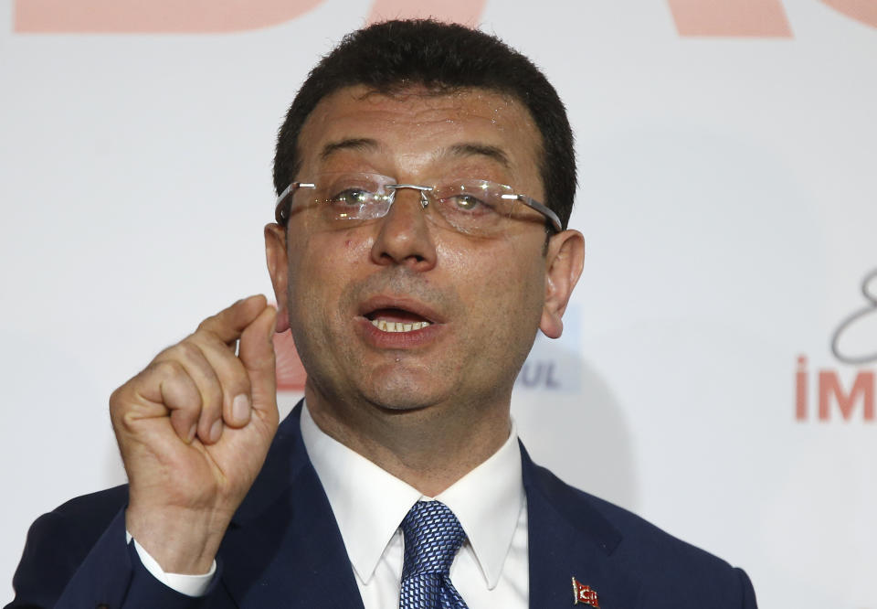 Ekrem Imamoglu, mayoral candidate for Istanbul of Republican People's Party (CHP) gives a statement during a press conference after the local elections, in Istanbul, Sunday, March 31, 2019. President Recep Tayyip Erdogan's ruling party has declared victory in the race for mayor of Istanbul, even though the result in Turkey's most populous city and commercial hub is too close to call. State broadcaster TRT says former Prime Minister Binali Yildirim received 48.71 percent of the votes in Sunday's municipal elections while the opposition's candidate, Ekrem Imamoglu, got 48.65 percent. (AP Photo/Lefteris Pitarakis)