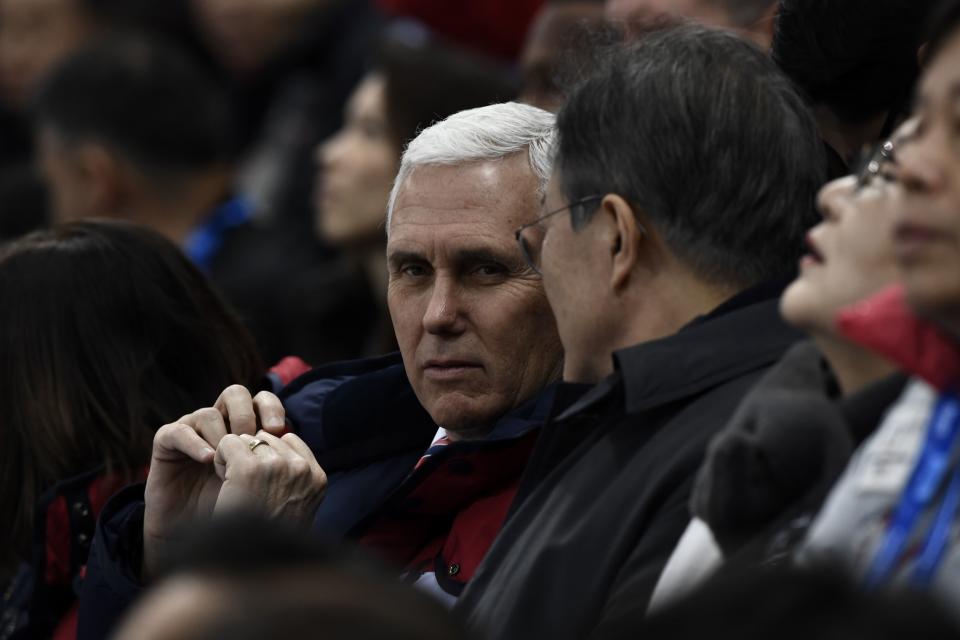 U.S. Vice President Mike Pence with South Korean President Moon Jae-in during&nbsp;the 2018 Winter Olympics on Feb. 10, 2018. (Photo: ARIS MESSINIS via Getty Images)