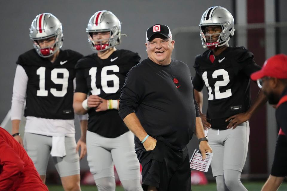 Mar 5, 2024; Columbus, OH, USA; Ohio State Buckeyes offensive coordinator Chip Kelly works with quarterbacks during the first spring practice at the Woody Hayes Athletic Center.
