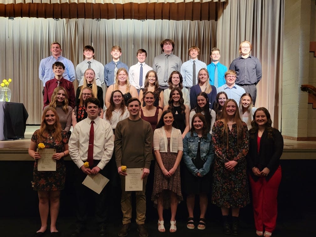 Marlington High School inducted 30 students to its National Honor Society during a recent ceremony. Inductees were, front row from left, Hope Baer, Jake Marriner, Hunter Evans, Julia Bertrand, Theresa Long, Kathryn Bullock and Audrey Miller; second row from left, Lexi Miller, Lauren Price, Rebecca Kuhlmann, Stella Blake, Chelsea Evanich, Emily Gainer, Katelyn Bernard, Mahlen Lambdin; third row from left, Calvin Bungard, Abby Hartzler, Ashlyn Maurer, Janelle Swisher, Brianna Waite, Emily Fox and Carter Difloure; fourth row from left, Ben Lacher, Ashton Mason, Luke Dipold, Wyatt Dillon, Bo Bratten, Cohen Boyce, Henry Nase and Kyler Mattern.