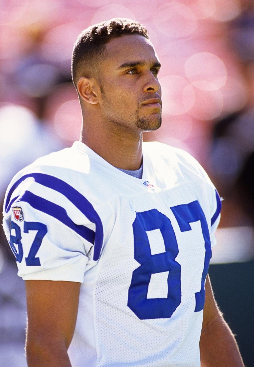 Oct 22, 1995; Oakland, CA, USA; FILE PHOTO; Indianapolis Colts receiver Sean Dawkins (87) on the sidelines against the Oakland Raiders at Oakland-Alameda County Coliseum. Mandatory Credit: Peter Brouillet-USA TODAY NETWORK