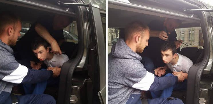 Hairdresser helps client with severe autism by giving him a cut in the car