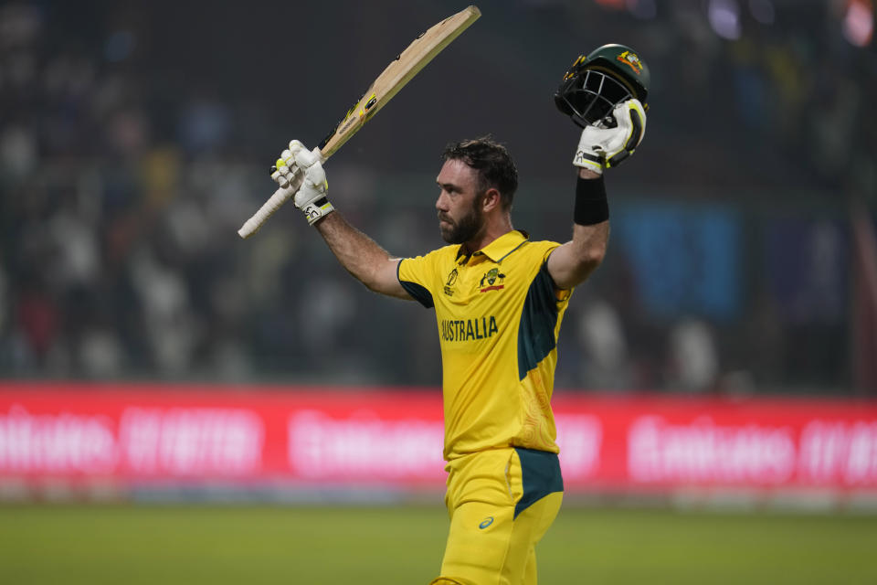 Australia's Glenn Maxwell leaves the ground after losing his wicket during the ICC Men's Cricket World Cup match between Australia and Netherlands in New Delhi, India, Wednesday, Oct. 25, 2023. (AP Photo/Manish Swarup)